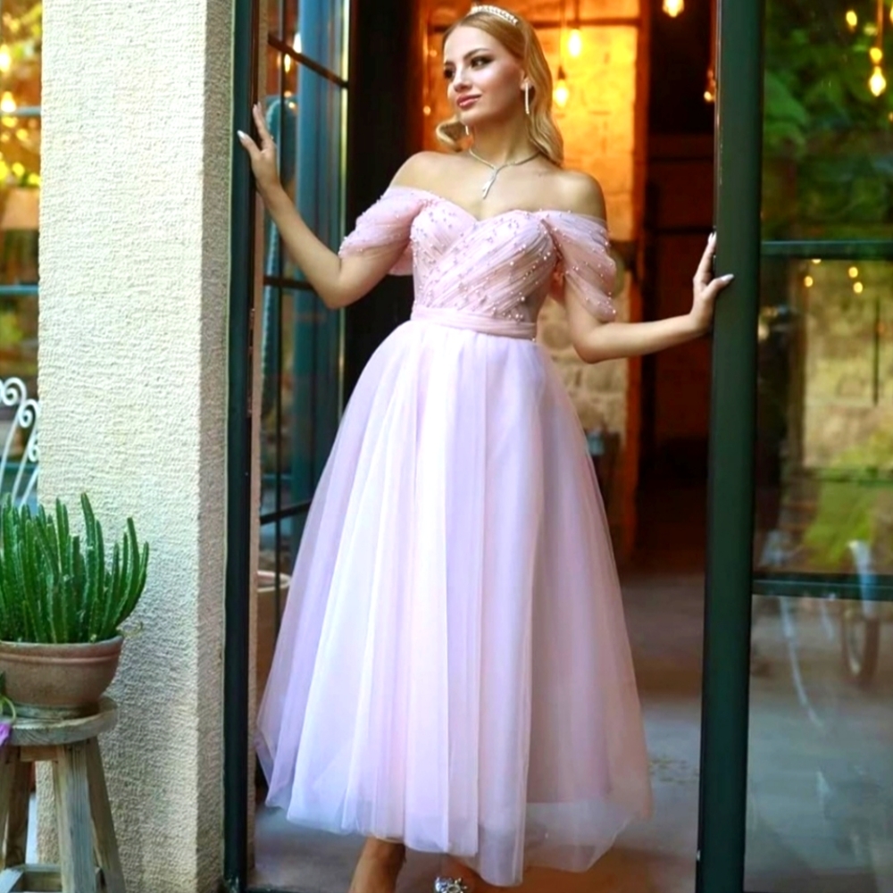 1950s Inspired Tulle Prom Ball Gown Tea Length Off Shoulder